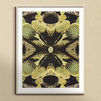 Life on Mars - Trippy Botanical Op Art Print, Symmetrical Kaleidoscopic Pattern Black Yellow Geometric Shapes Floral-like