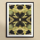 Life on Mars Trippy Botanical Op Art Print, Symmetrical Kaleidoscopic Pattern Yellow Sunflower Textures Black Shapes