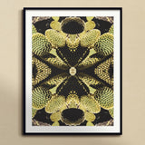 Life on Mars - Trippy Botanical Op Art Print, Symmetrical Kaleidoscopic Pattern Yellow Sunflower Textures Black Shapes