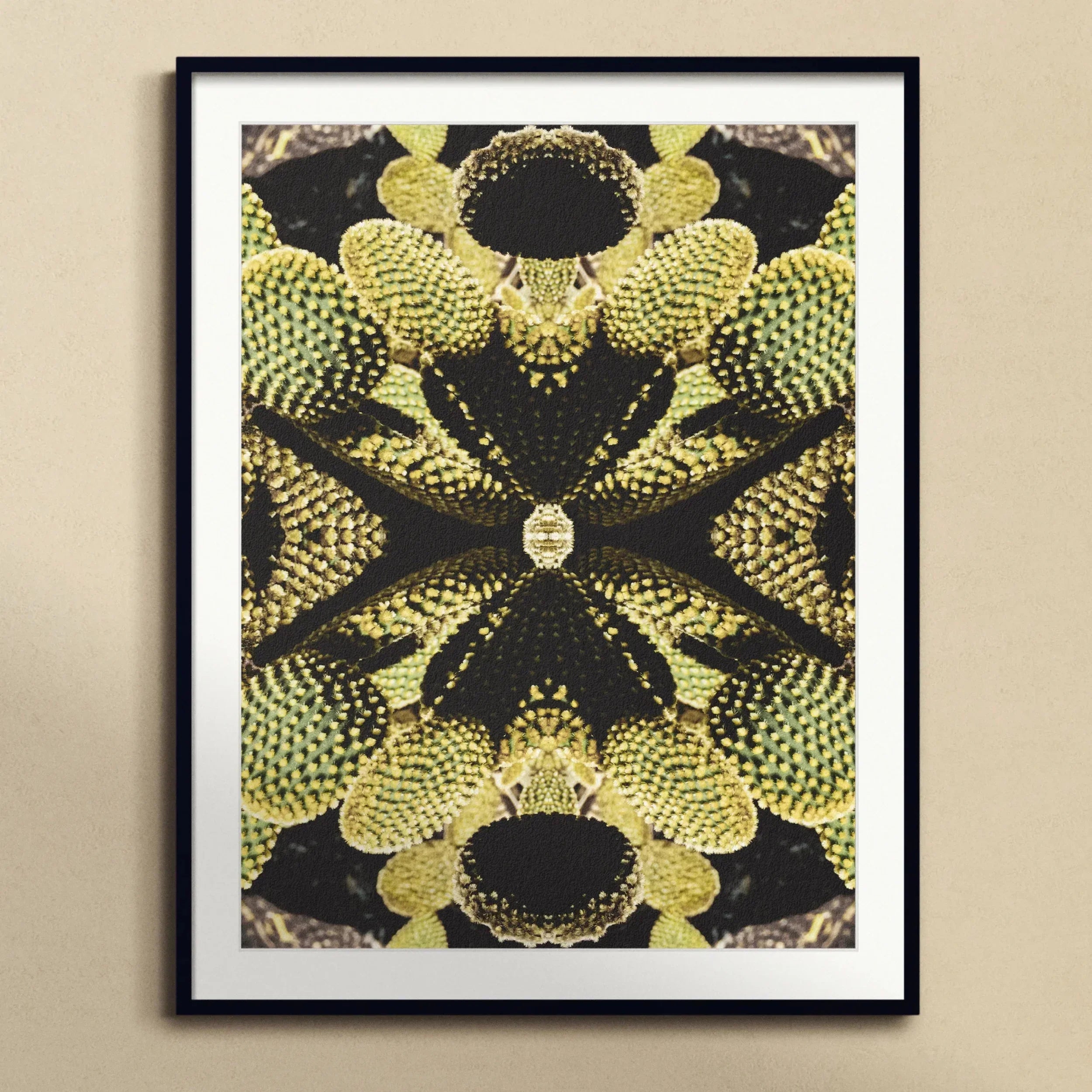 Life on Mars Trippy Botanical Op Art Print, Symmetrical Kaleidoscopic Pattern Yellow Sunflower Textures Black Shapes