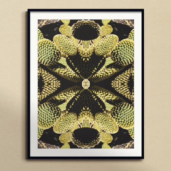 Life on Mars - Trippy Botanical Op Art Print, Symmetrical Kaleidoscopic Pattern Yellow Sunflower Textures Black Shapes