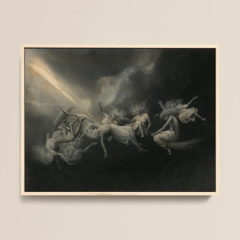 Lightning Struck a Flock of Witches - William Holbrook Beard Framed Canvas, Black White Painting Women