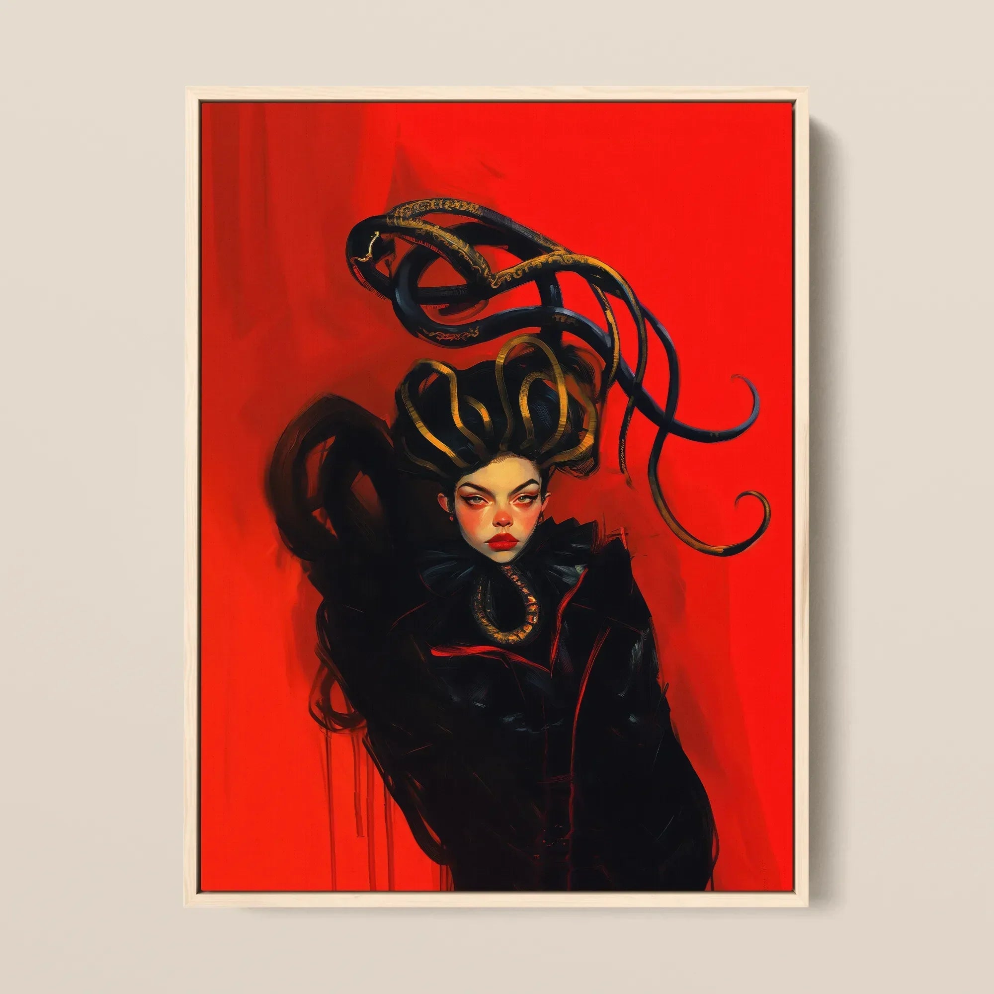 Lilith - Sapphic Witch Art Framed Canvas, 12x16’’ / 31x41cm / Natural Floating Frame, Framed Painting Woman Snake-like Hair Red Background