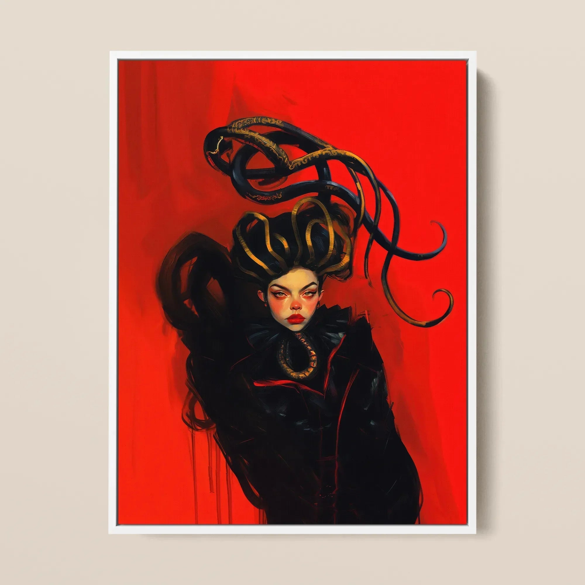 Lilith - Sapphic Witch Art Framed Canvas, 12x16’’ / 31x41cm / White Floating Frame, Framed Print Woman Snakes Hair Red Background