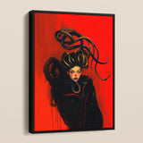 Lilith - Sapphic Witch Art Framed Canvas, Framed Painting Woman Red Lips Eyes Black Outfit