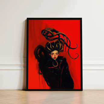 Black-framed Artwork Stylized Portrait Woman Dark Ornate Hair Sapphic Witch, Art, Print