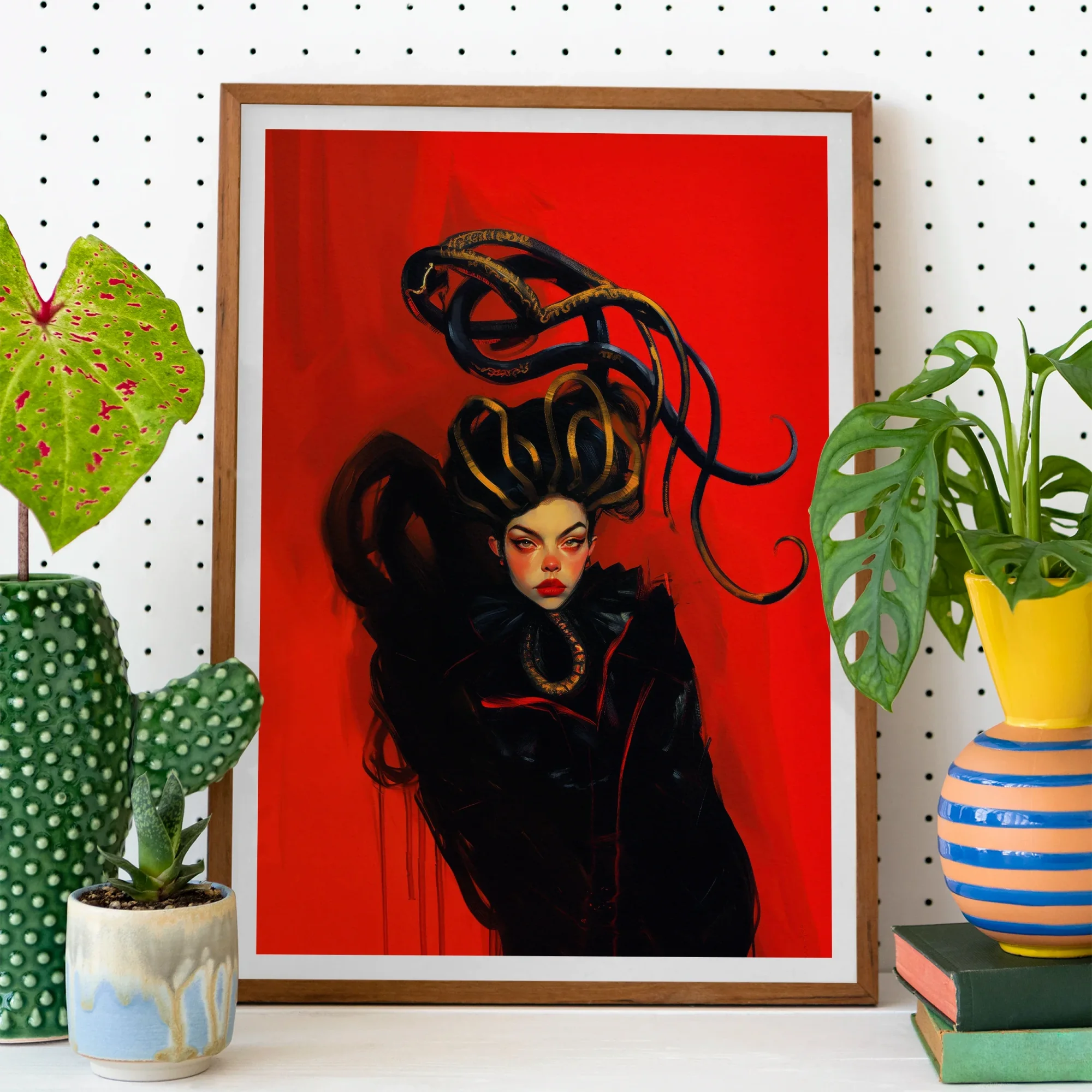 Lilith - Sapphic Witch Art Print, Framed Artwork Stylized Woman Elaborate Black Hair Vivid