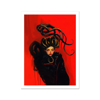 Lilith - Sapphic Witch Art Print, Woman Elaborate Sculptural Black Hairstyle Vivid Red Background