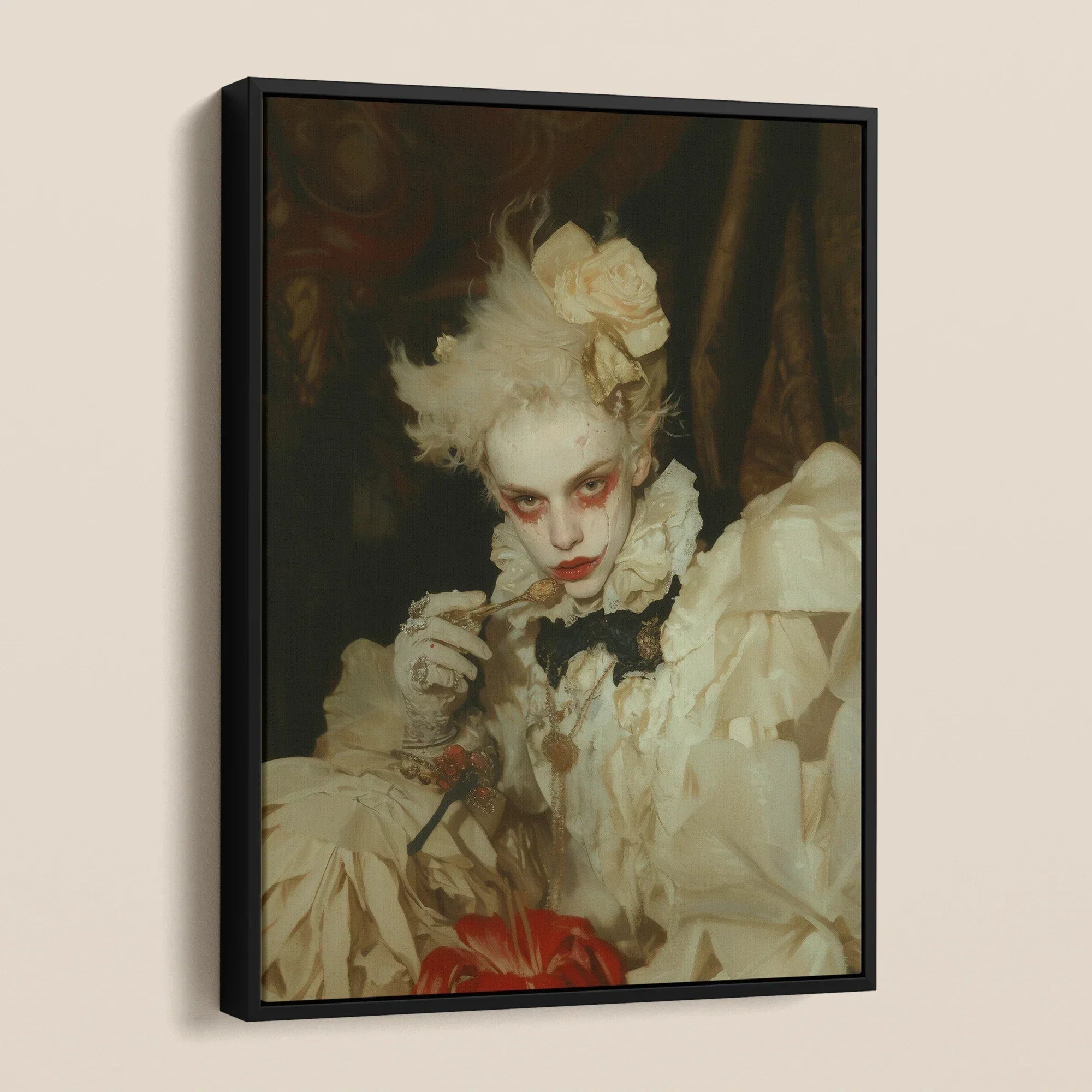 The Little Imp - Gay Devil Art Framed Canvas, Framed Portrait Woman White Makeup Ruffled Clothing