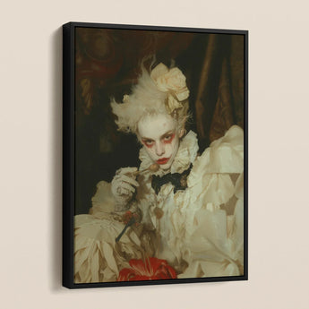 The Little Imp - Gay Devil Art Framed Canvas, Framed Portrait Person White Ruffled Attire Dramatic Makeup