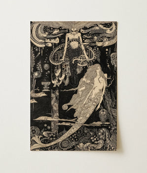 Black White Illustrated Art Print Intricate Surreal Sea, Harry Clarke, Maid, Stemmed Glass Hovers, Underwater Court Leans