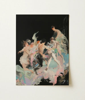 Vibrant Abstract Painting Nude Figures Dynamic Motion Stark Bacchanal Art Print, Blackness Holds, Bodies Gather