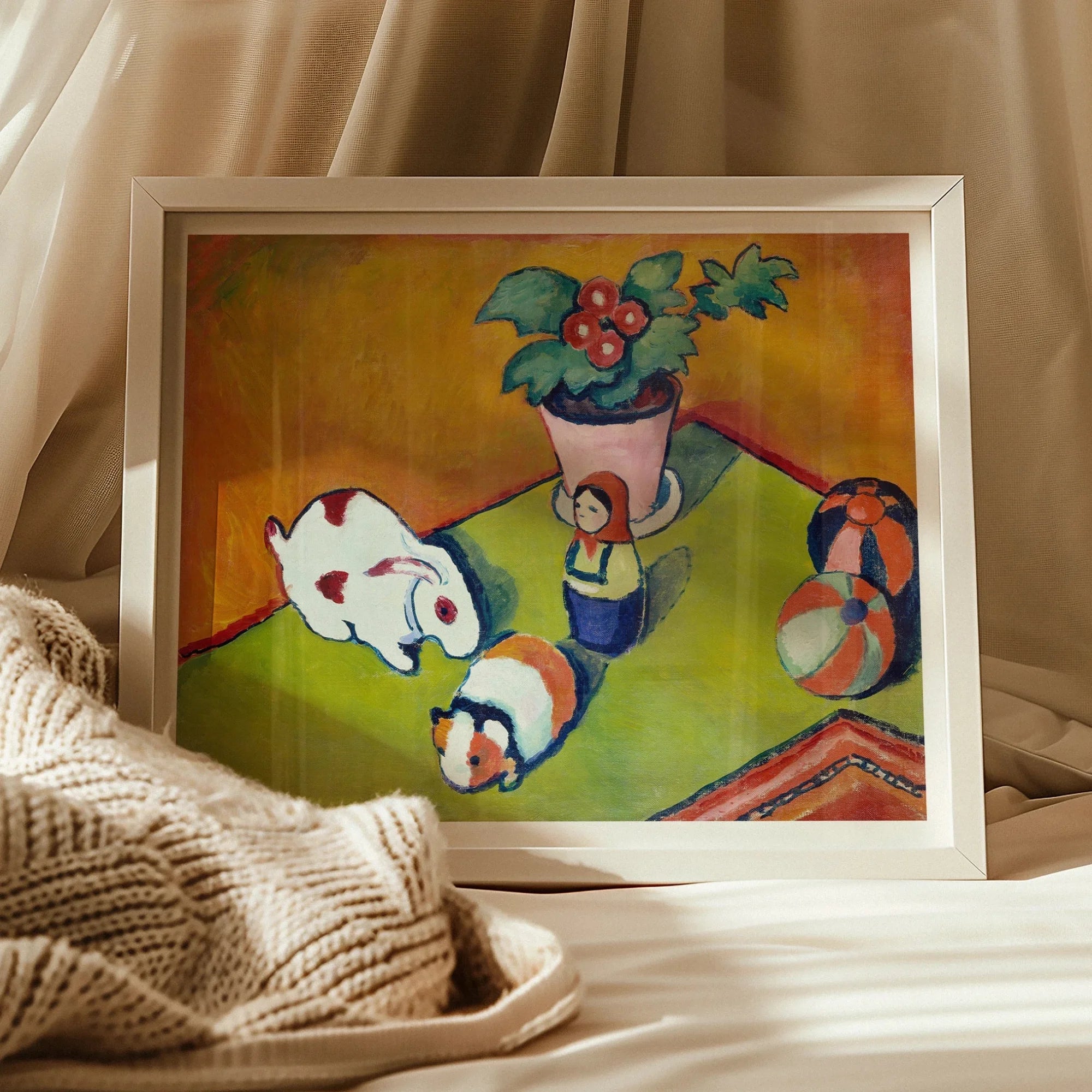 Little Walter’s Toys - August Macke Art Print, Framed Artwork White Cat Potted Plant Colorful Surface