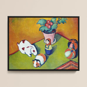 Little Walter’s Toys - August Macke Framed Canvas, Colorful Painting Toys Potted Plant Green Surface