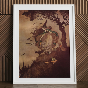 The Little Witch - Ida Rentoul Outhwaite Art Print / Canvas White Framed Witch Print Broomstick Bats Design Ida Rentoul Outhwaite, Rentoul,
