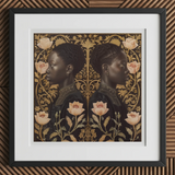 Lizzie & Carlotta - Afro-victorian Twins Art Print, 12x12’’ / 31x31cm / Black Frame / 2’’ Matboard, Framed Artwork Two Women Profile Floral