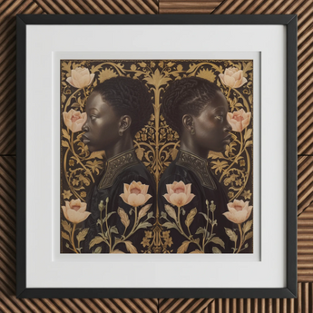 Lizzie & Carlotta - Afro-victorian Twins Art Print, 12x12’’ / 31x31cm / Black Frame / 2’’ Matboard, Framed Artwork Two Women Profile Floral
