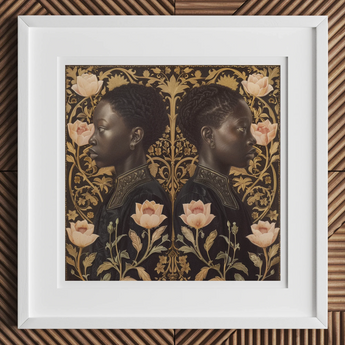 Lizzie & Carlotta - Afro-victorian Twins Art Print, 12x12’’ / 31x31cm / White Frame / 2’’ Matboard, Framed Artwork Mirrored Profiles Person