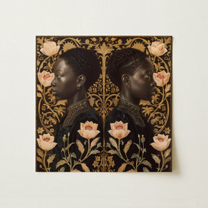 Lizzie & Carlotta - Afro-victorian Twins Art Print / Canvas Black Gold Ornate Portrait Two Symmetrical Profiles Women Afro Victorian Art,