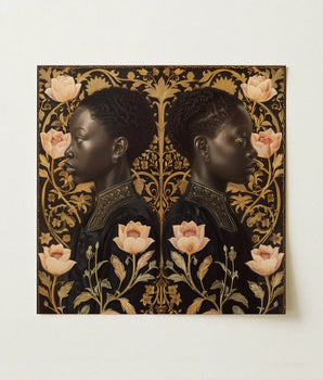 Black Gold Ornate Portrait Two Symmetrical Profiles Women Afro Victorian Art, Lizzie & Carlotta, Nouveau