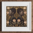 Lizzie & Carlotta - Afro-victorian Twins Art Print, Framed Artwork Mirrored Profiles Person Ornate Floral Background