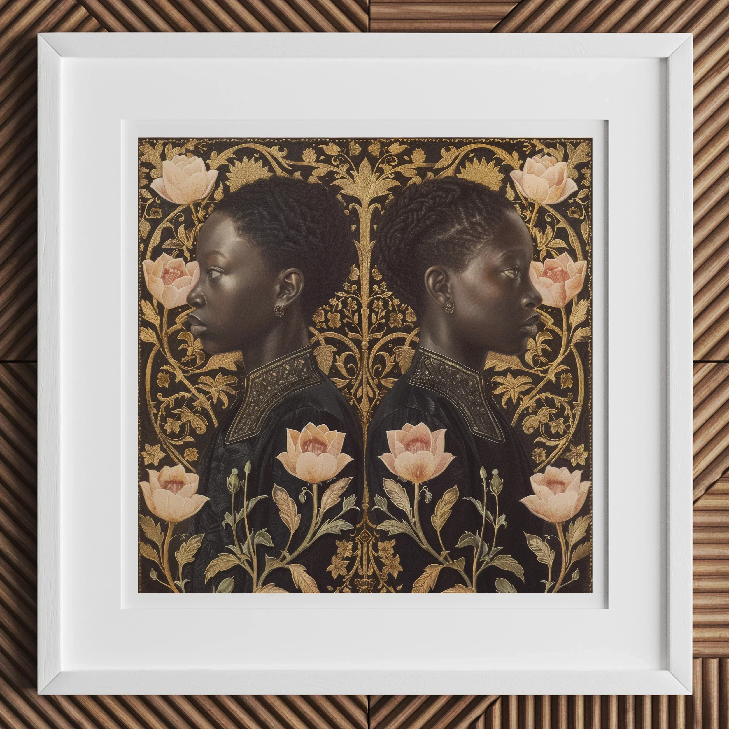 Lizzie & Carlotta - Afro-victorian Twins Art Print, Framed Artwork Mirrored Profiles Person Ornate Floral Background