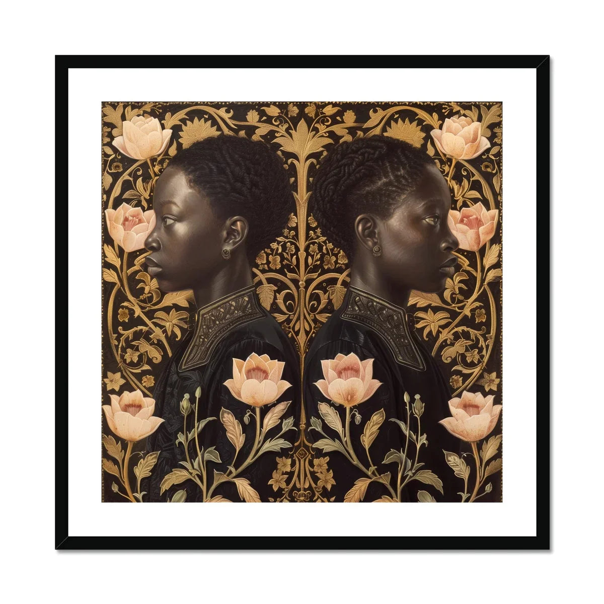Lizzie & Carlotta - Afro-victorian Twins Art Print, Mirrored Profile Portrait Ornate Floral Pattern Pink Roses