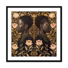 Lizzie & Carlotta - Afro-victorian Twins Art Print, Mirrored Profile Portrait Ornate Floral Pattern Pink Roses