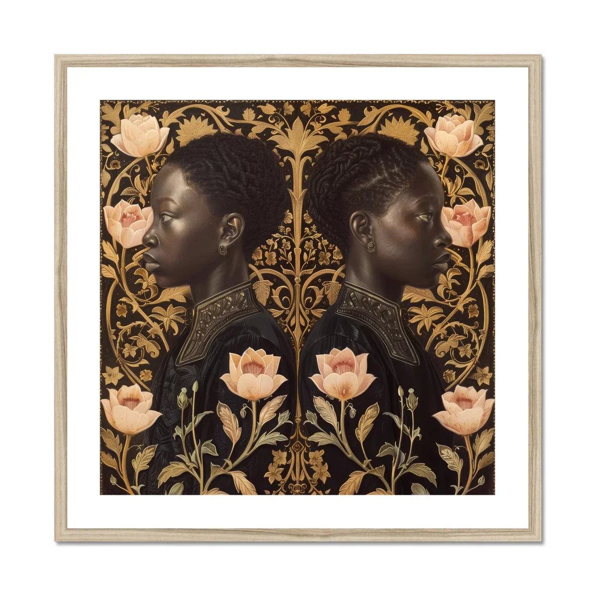 Lizzie & Carlotta - Afro-victorian Twins Art Print, Mirrored Profile Portrait Surrounded Decorative Pink Roses Golden