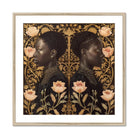 Lizzie & Carlotta - Afro-victorian Twins Art Print, Mirrored Profile Portrait Surrounded Decorative Pink Roses Golden