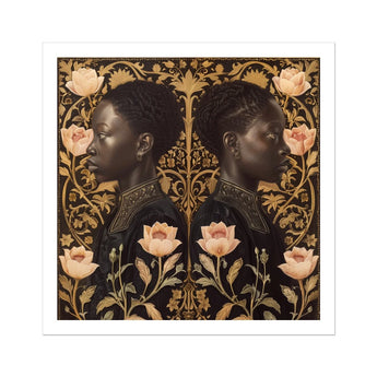Lizzie & Carlotta - Afro-victorian Twins Art Print, Mirrored Profile Portraits Person Dark Skin Surrounded Ornate