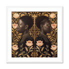 Lizzie & Carlotta - Afro-victorian Twins Art Print, Mirrored Profile Portraits Surrounded Ornate Floral Pattern Pink