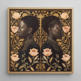 Lizzie & Carlotta - Afro-victorian Twins Framed Canvas, 12x12’’ / 31x31cm / Natural Floating Frame, Framed Painting Two Women Profile
