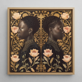 Lizzie & Carlotta - Afro-victorian Twins Framed Canvas, 12x12’’ / 31x31cm / Natural Floating Frame, Framed Painting Two Women Profile