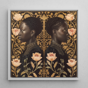Lizzie & Carlotta - Afro-victorian Twins Framed Canvas, 12x12’’ / 31x31cm / White Floating Frame, Framed Portrait Two Women Floral Gold