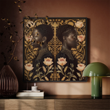 Lizzie & Carlotta - Afro-victorian Twins Framed Canvas, Framed Portrait Two Women Floral Accents