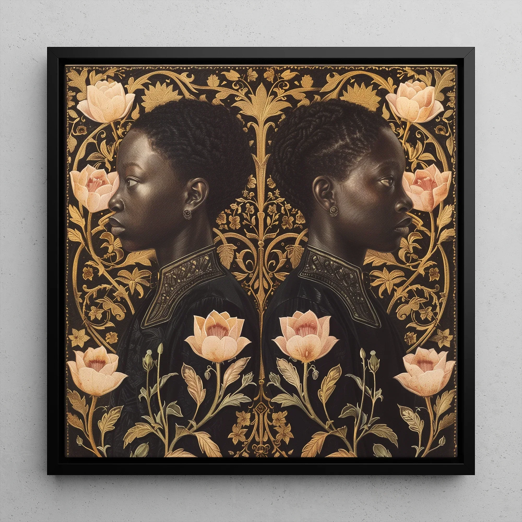 Lizzie & Carlotta - Afro-victorian Twins Framed Canvas, Framed Portrait Two Women Floral Accents