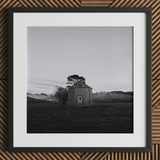 Lonely Brick House Art Print, 12x12’’ / 31x31cm / Black Frame / 2’’ Matboard, Framed Black White Photograph Octagonal Tree Roof Field