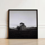 Lonely Brick House Art Print / Canvas Black-framed Black-and-white Photograph Stone Tree Open Field with Muted Silver, Blank Sky Cloud