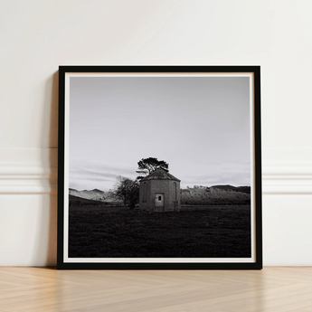 Lonely Brick House Art Print / Canvas Black-framed Black-and-white Photograph Stone Tree with Muted Silver, Blank Sky Cloud Cover, Light
