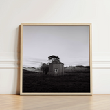 Lonely Brick House Art Print / Canvas Minimalist Black-and-white Framed Photograph Solitary Stone Open Field with Muted Silver, Blank Sky