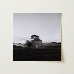 Lonely Brick House Art Print / Canvas Black-and-white Photographic Stone Tree Mounted Wall with Muted Silver, Blank Sky Cloud Cover, Light