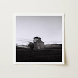 Lonely Brick House Art Print / Canvas Black-and-white Framed Photograph Stone Chapel Tree Open Field with Muted Silver, Blank Sky Cloud