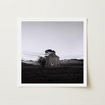 Lonely Brick House Art Print / Canvas Black-and-white Framed Photograph Stone Chapel Tree Open Field with Muted Silver, Blank Sky Cloud