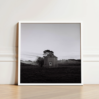 Lonely Brick House Art Print / Canvas Black-and-white Framed Photograph Stone Tree with Muted Silver, Blank Sky Cloud Cover, Light Seeps