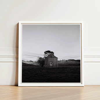 Lonely Brick House Art Print / Canvas White-framed Black-and-white Photograph Stone Tree with Muted Silver, Blank Sky Cloud Cover, Light