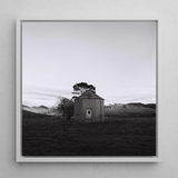 Lonely Brick House Art Print / Canvas Black-and-white Framed Photograph Stone Tree Open Field with Muted Silver, Blank Sky Cloud Cover,