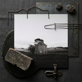 Lonely Brick House Art Print / Canvas Black-and-white Photograph Stone Roundhouse Single Door Tree Framed with Muted Silver, Blank Sky