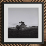 Lonely Brick House Art Print / Canvas Framed Black White Photograph Octagonal Tree Roof Field with Muted Silver, Blank Sky Cloud Cover,