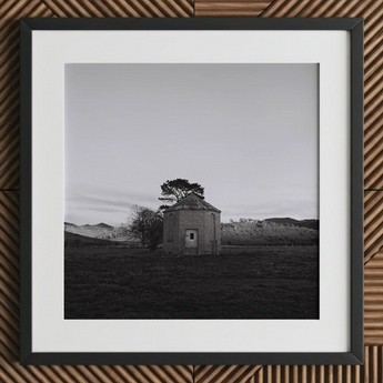 Lonely Brick House Art Print / Canvas Framed Black White Photograph Octagonal Tree Roof Field with Muted Silver, Blank Sky Cloud Cover,